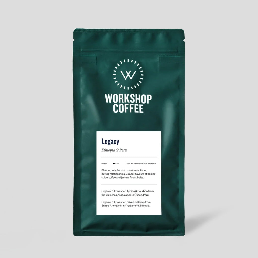 Legacy coffee beans by Workshop Coffee. Package on a beige background.